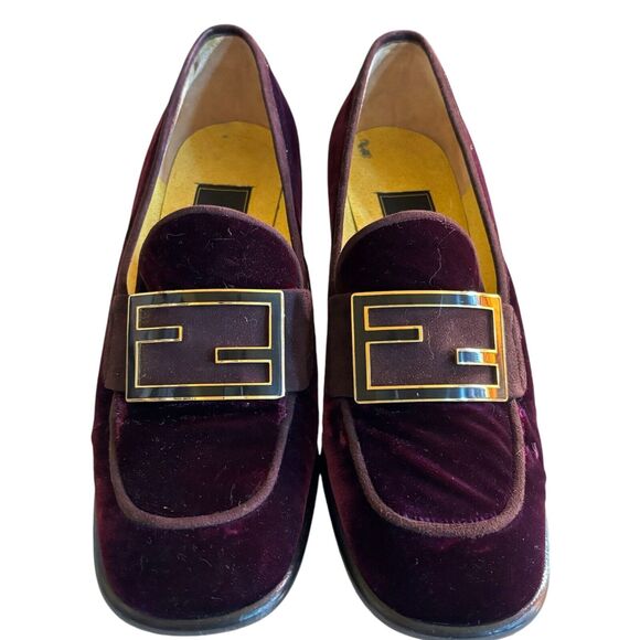 Authentic Fendi Size 36.5 Purple Velvet Heeled Logo Loafers 6.5 - Picture 6 of 9